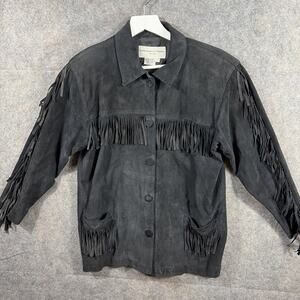 Vtg Adrienne‎ Vittadini Women’s Petite Black Suede Jacket Leather Fringe 90s